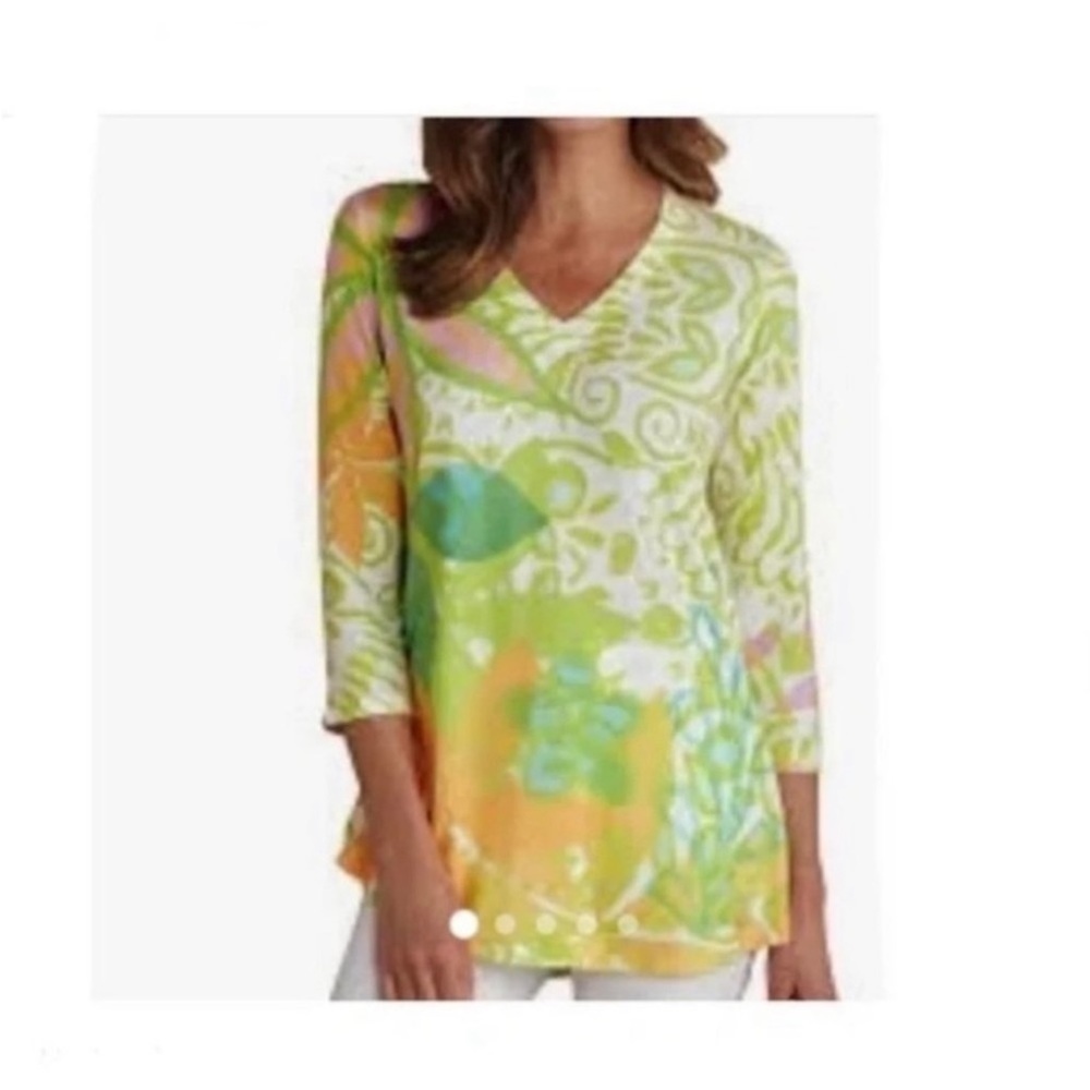 Soft Surroundings Floral Pastel Tropical Watercolor V-Neck 3/4 Sleeve Tunic L